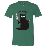 Cat What Funny Black Cat Fun Murderous Cat With Knife V-Neck T-Shirt