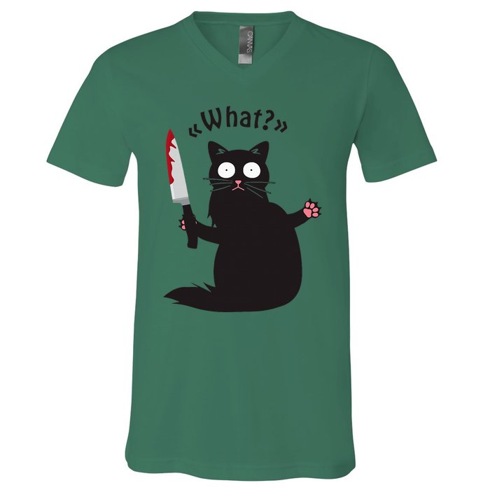 Cat What Funny Black Cat Fun Murderous Cat With Knife V-Neck T-Shirt