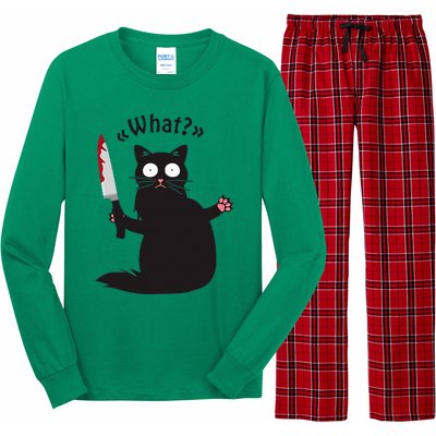 Cat What Funny Black Cat Fun Murderous Cat With Knife Long Sleeve Pajama Set