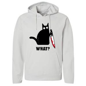 Cat What? Funny Black Cat Shirts Murderous Cat With Knife Performance Fleece Hoodie