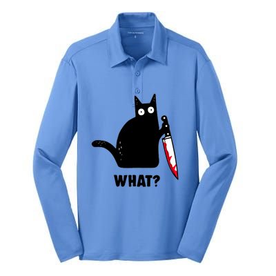 Cat What? Funny Black Cat Shirts Murderous Cat With Knife Silk Touch Performance Long Sleeve Polo