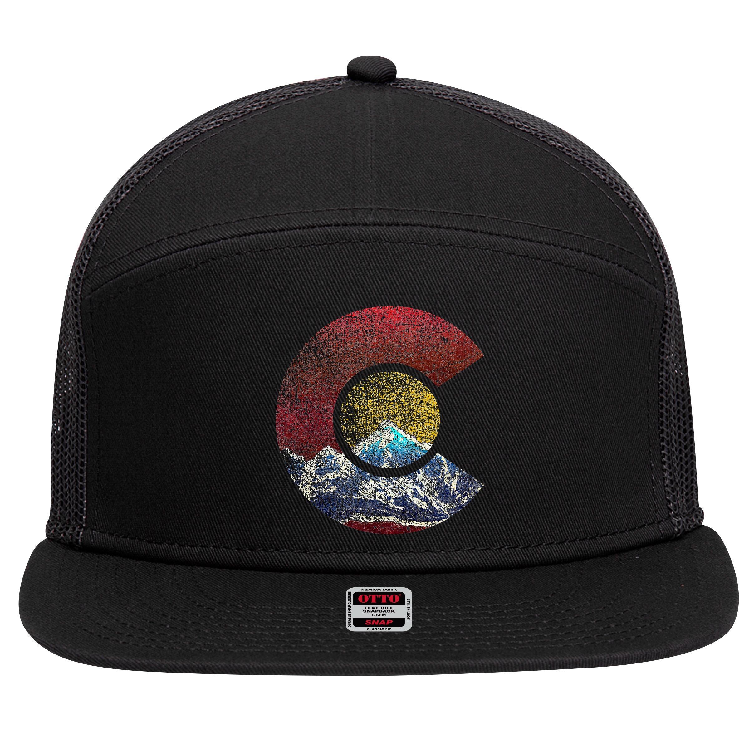 Colorado With Flag Themed Mountain 7 Panel Mesh Trucker Snapback Hat