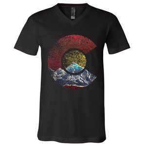 Colorado With Flag Themed Mountain V-Neck T-Shirt