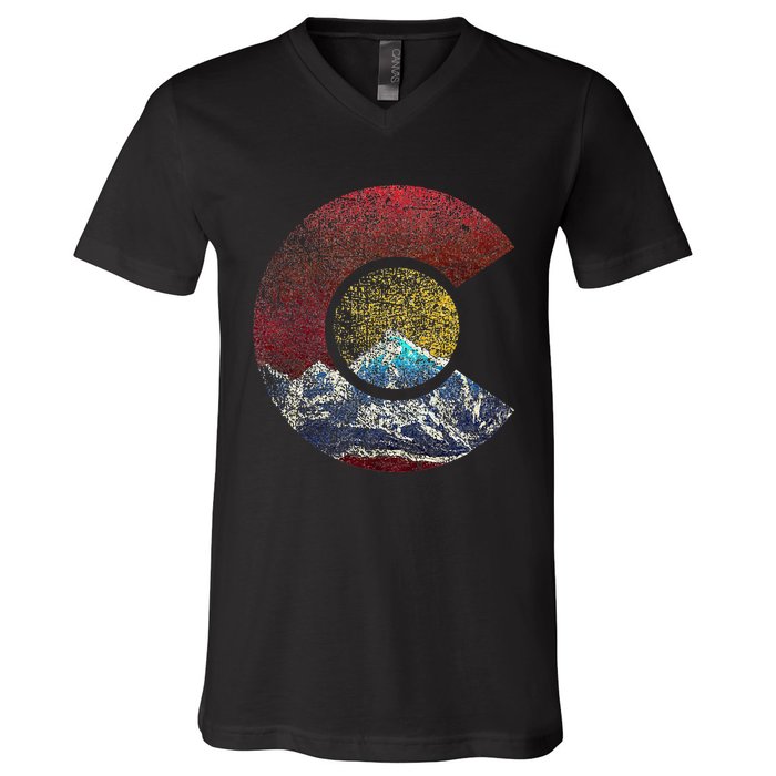 Colorado With Flag Themed Mountain V-Neck T-Shirt