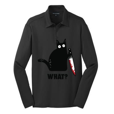 Cat What Funny Black Cat, Murderous Cat With Knife Silk Touch Performance Long Sleeve Polo