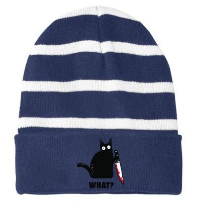 Cat What Funny Black Cat, Murderous Cat With Knife Striped Beanie with Solid Band