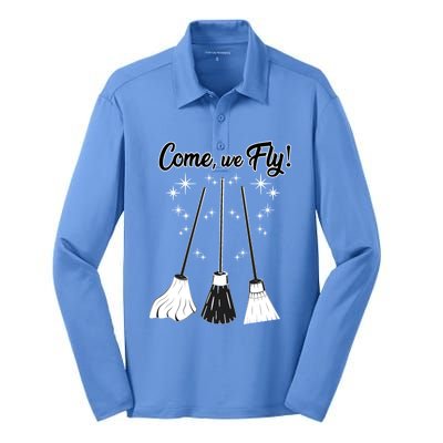 Come We Fly Witch Vintage Broom Fying Halloween Night Gift Silk Touch Performance Long Sleeve Polo