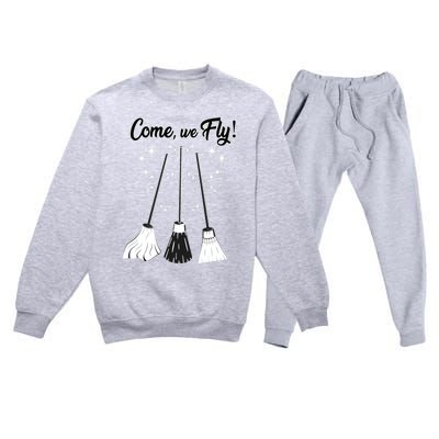 Come We Fly Witch Vintage Broom Fying Halloween Night Gift Premium Crewneck Sweatsuit Set