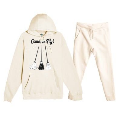 Come We Fly Witch Vintage Broom Fying Halloween Night Gift Premium Hooded Sweatsuit Set