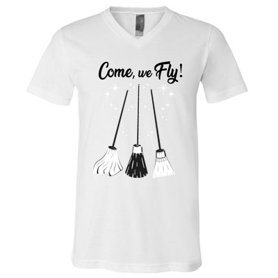 Come We Fly Witch Vintage Broom Fying Halloween Night Gift V-Neck T-Shirt