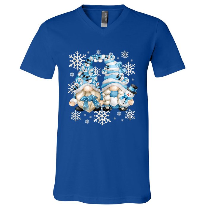 Cute Winter Gnome Gift Funny Snow Decor With Snowflakes Funny Gift V-Neck T-Shirt