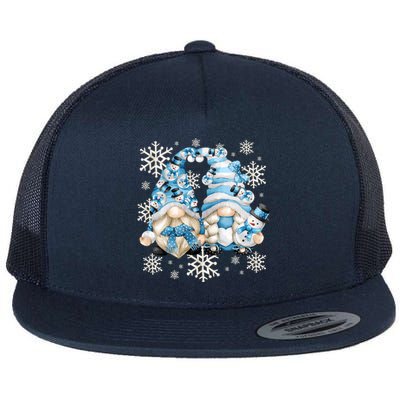 Cute Winter Gnome Gift Funny Snow Decor With Snowflakes Funny Gift Flat Bill Trucker Hat