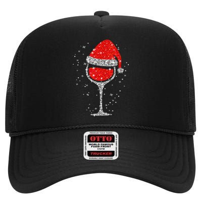 Christmas Wine Glass Snowflakes Santa Hat Red Wine High Crown Mesh Back Trucker Hat