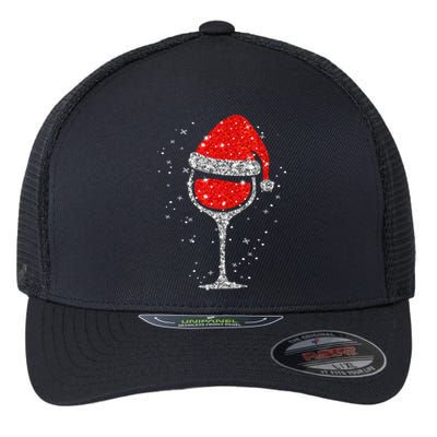 Christmas Wine Glass Snowflakes Santa Hat Red Wine Flexfit Unipanel Trucker Cap