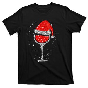 Christmas Wine Glass Snowflakes Santa Hat Red Wine T-Shirt