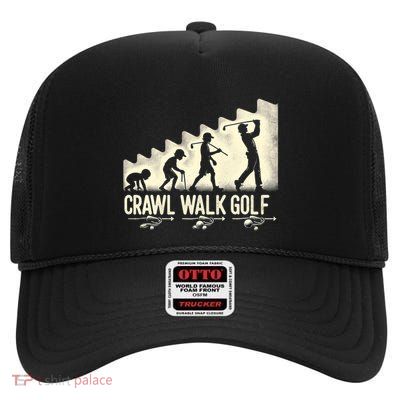 Crawl Walk Golf Cute Gift High Crown Mesh Back Trucker Hat