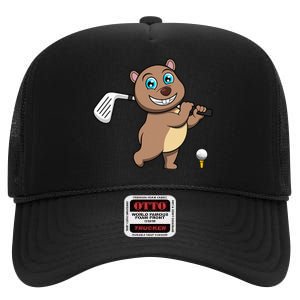 Cute Wombat Golf Player Hobby Sports High Crown Mesh Back Trucker Hat