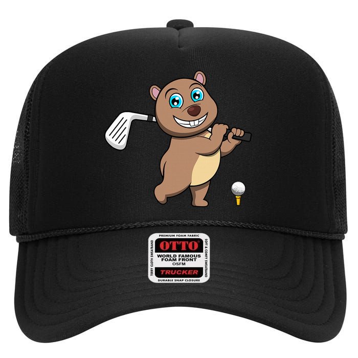 Cute Wombat Golf Player Hobby Sports High Crown Mesh Back Trucker Hat