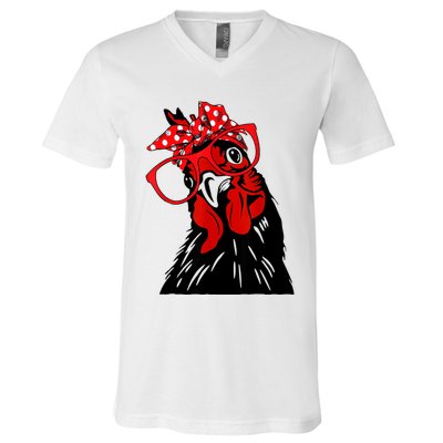 Cute Women Girl Chicken With Bandana Headband And Glasses V-Neck T-Shirt