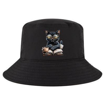 Cat With Glasses Coffee Book Lover Cool Comfort Performance Bucket Hat