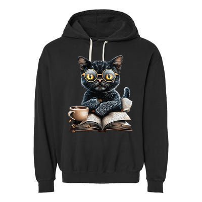 Cat With Glasses Coffee Book Lover Garment-Dyed Fleece Hoodie