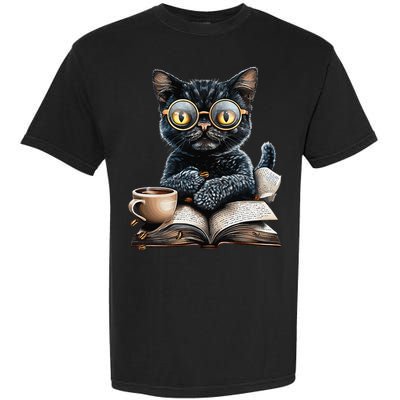 Cat With Glasses Coffee Book Lover Garment-Dyed Heavyweight T-Shirt