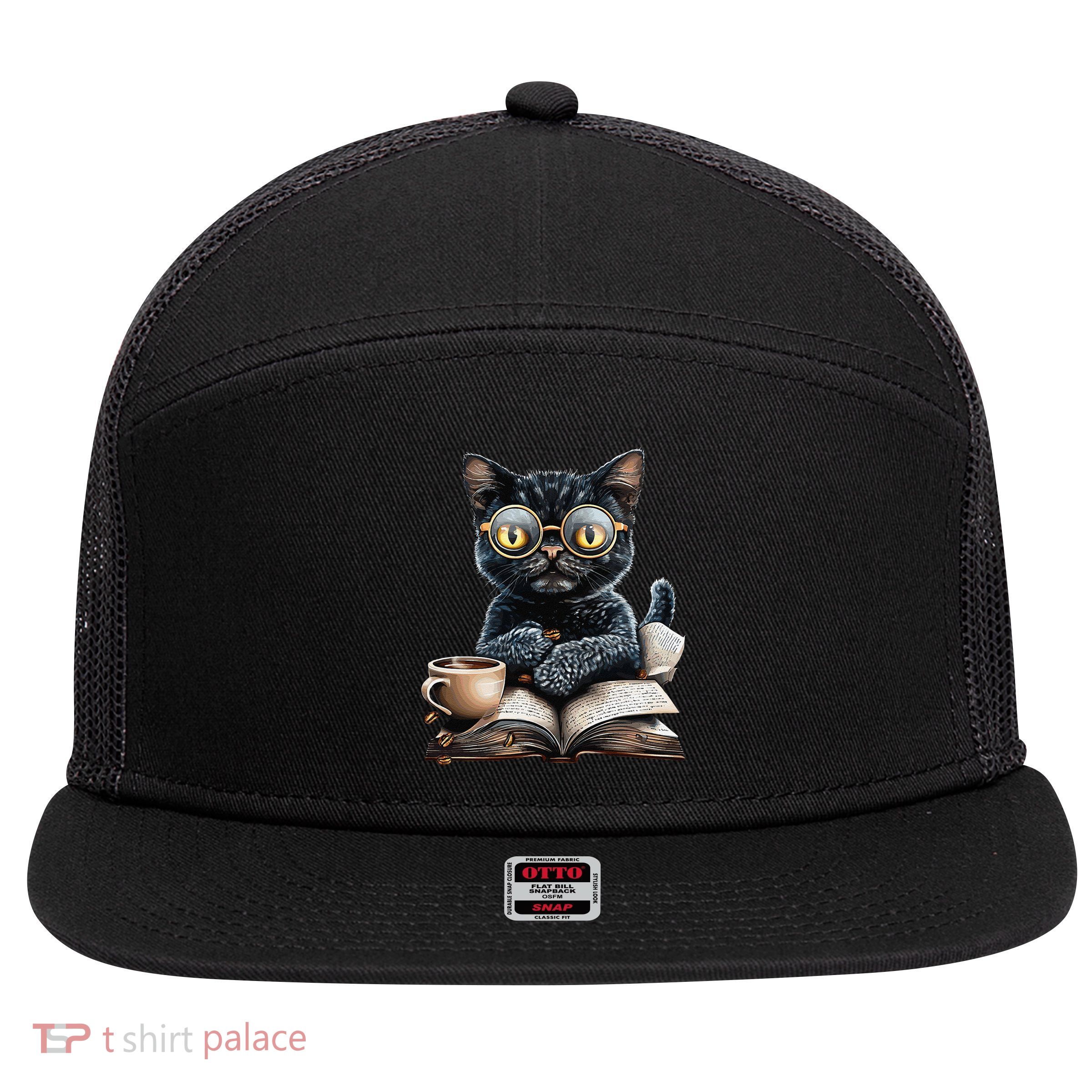 Cat With Glasses Coffee Book Lover 7 Panel Mesh Trucker Snapback Hat