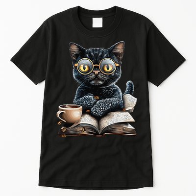 Cat With Glasses Coffee Book Lover Tall T-Shirt