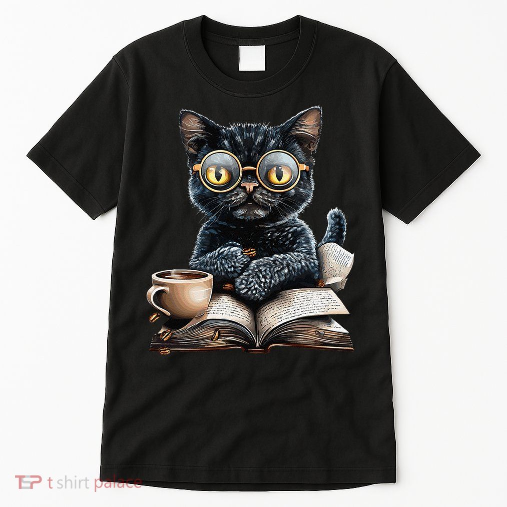 Cat With Glasses Coffee Book Lover Tall T-Shirt