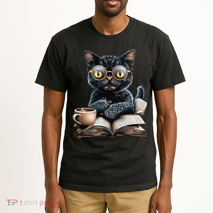 Cat With Glasses Coffee Book Lover Tall T-Shirt