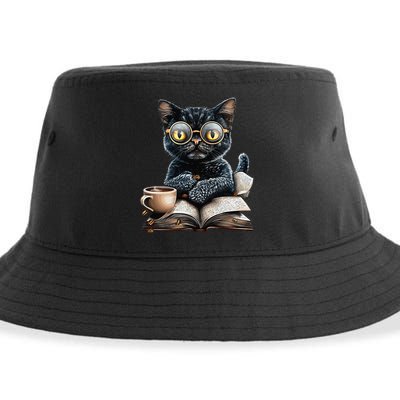 Cat With Glasses Coffee Book Lover Sustainable Bucket Hat