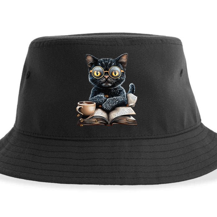 Cat With Glasses Coffee Book Lover Sustainable Bucket Hat