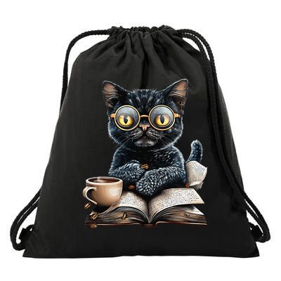 Cat With Glasses Coffee Book Lover Drawstring Bag