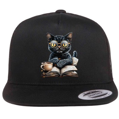 Cat With Glasses Coffee Book Lover Flatbill Hat