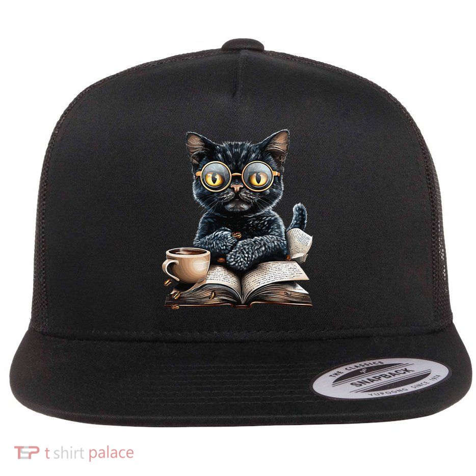Cat With Glasses Coffee Book Lover Flatbill Hat