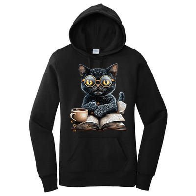 Cat With Glasses Coffee Book Lover Women's Pullover Hoodie