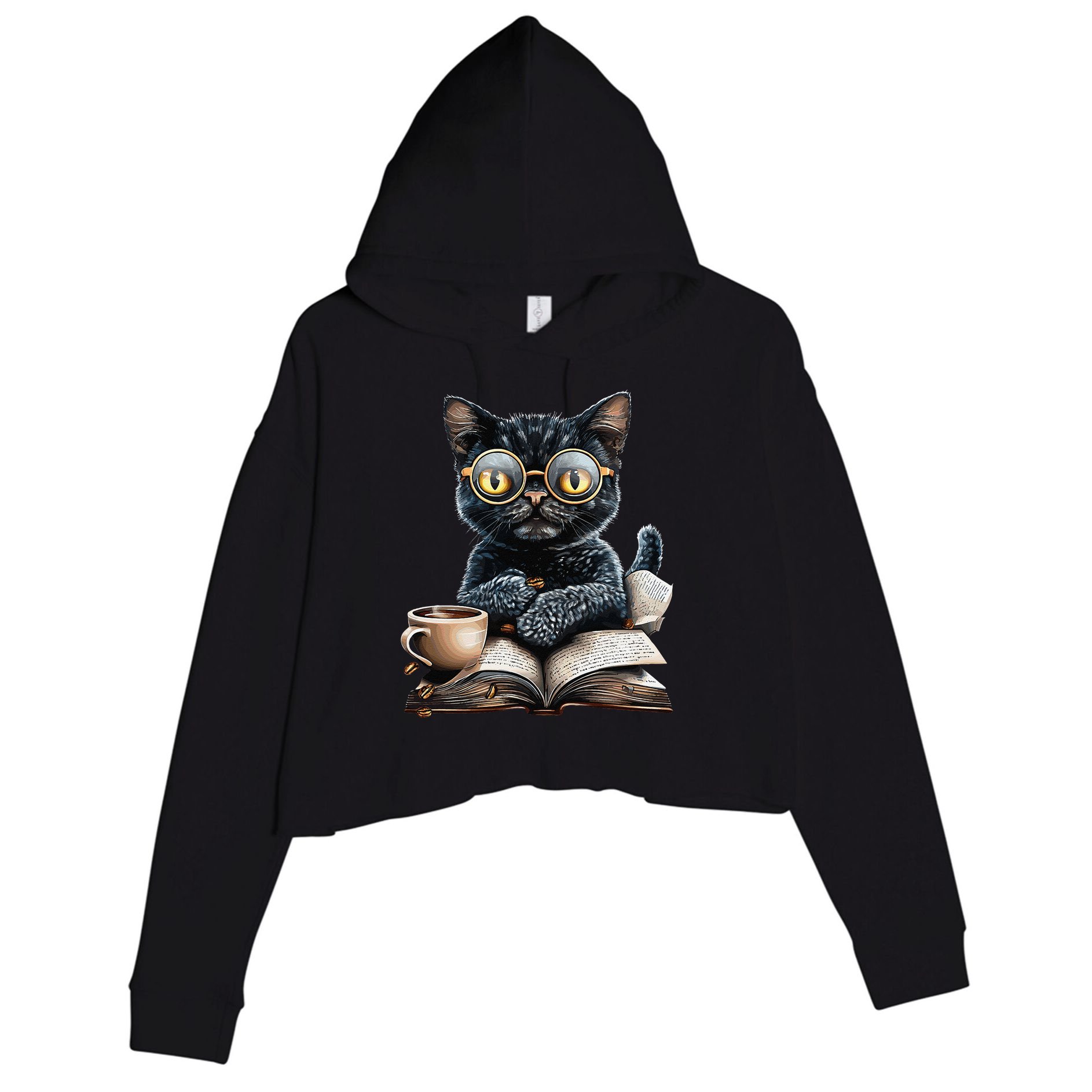 Cat With Glasses Coffee Book Lover Crop Fleece Hoodie
