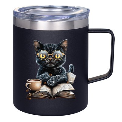 Cat With Glasses Coffee Book Lover 12oz Stainless Steel Coffee Mug