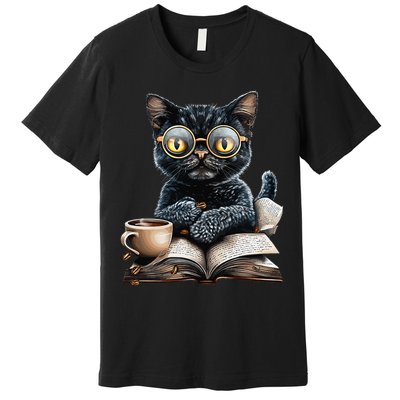 Cat With Glasses Coffee Book Lover Premium T-Shirt