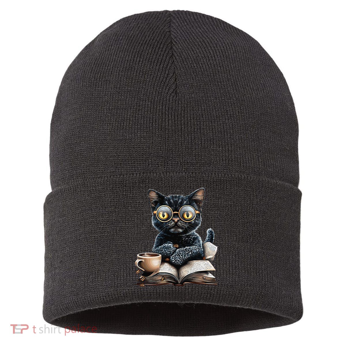 Cat With Glasses Coffee Book Lover Sustainable Knit Beanie