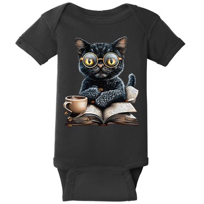 Cat With Glasses Coffee Book Lover Baby Bodysuit