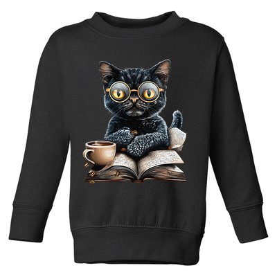 Cat With Glasses Coffee Book Lover Toddler Sweatshirt