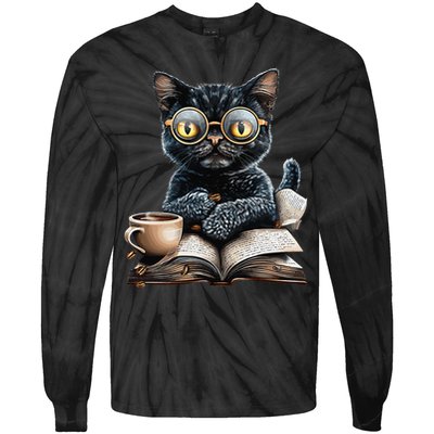 Cat With Glasses Coffee Book Lover Tie-Dye Long Sleeve Shirt