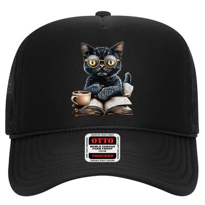 Cat With Glasses Coffee Book Lover Trucker Hat