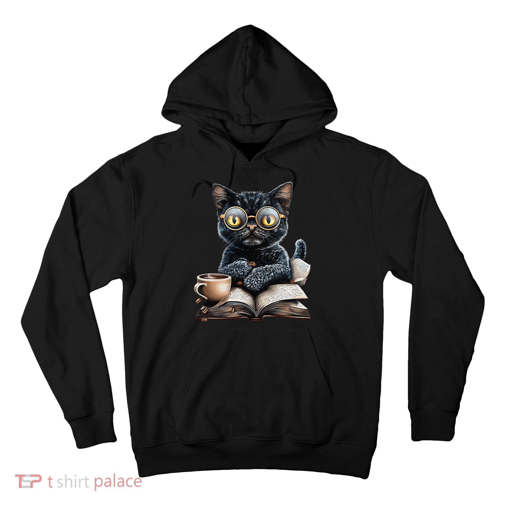 Cat With Glasses Coffee Book Lover Tall Hoodie