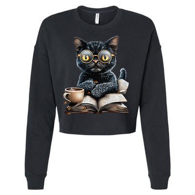 Cat With Glasses Coffee Book Lover Cropped Pullover Crew