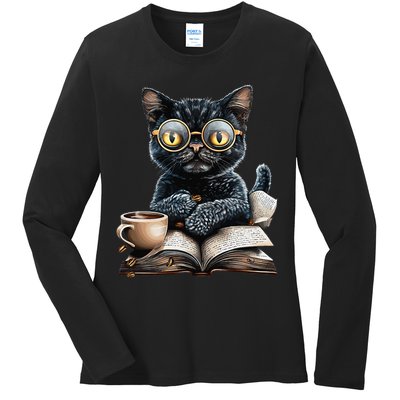 Cat With Glasses Coffee Book Lover Ladies Long Sleeve Shirt