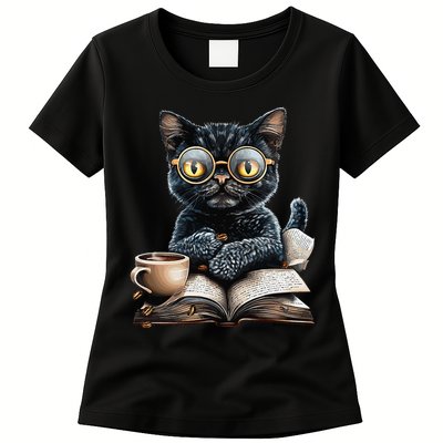 Cat With Glasses Coffee Book Lover Womens T-Shirt