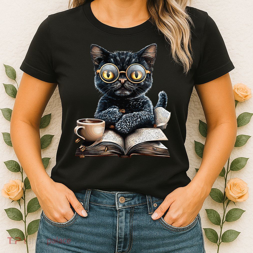Cat With Glasses Coffee Book Lover Womens T-Shirt