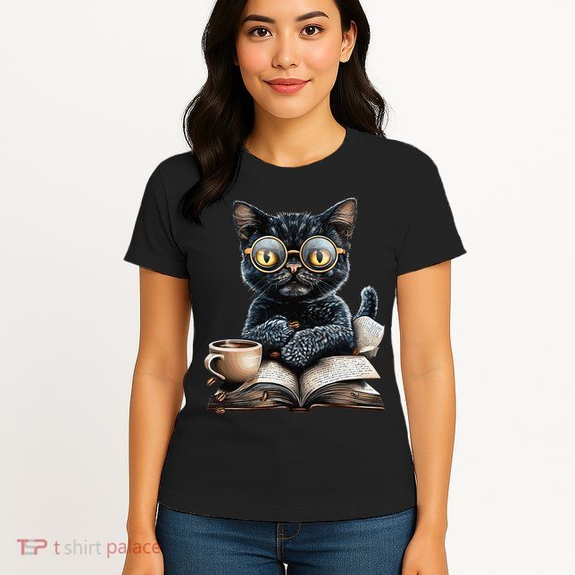 Cat With Glasses Coffee Book Lover Womens T-Shirt